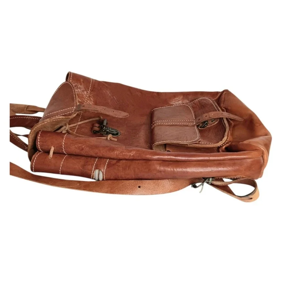 VTG Large Leather Backpack Brown Caramel Made in Greece Boho Rucksack 10x13x3
